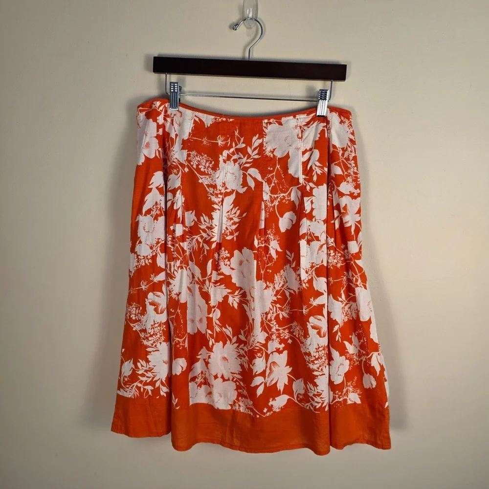 Lapis Floral Midi Skirt Womens XL Orange‎ White Pleated 100% Cotton Boho Summer